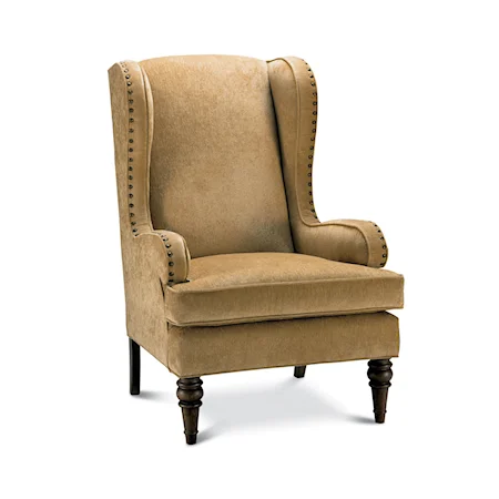 Traditional Wing Chair with Turned Wood Legs and Nailhead Trim